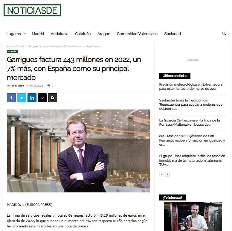 Garrigues factura 443 millones en 2022, un 7% ms, con Espaa como su principal mercado